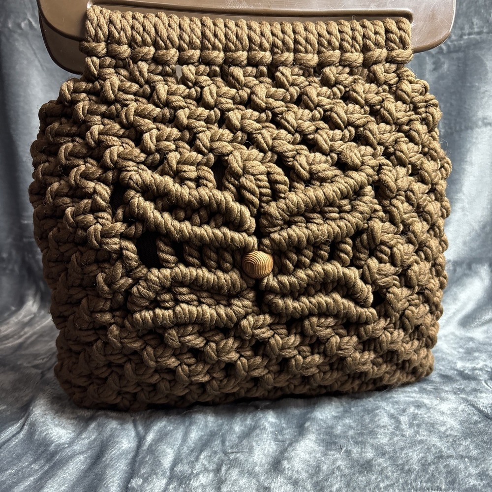 Vintage Macrame Woven Purse Brown Oversized Handles 60s 70s Retro Hippie Boho - Picture 4 of 16